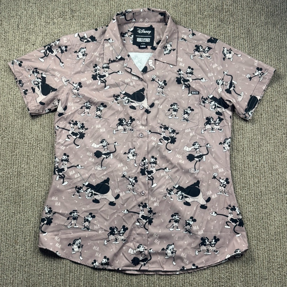 RSVLTS Disney Womens L Mickey Mouse Saves The Day Short Sleeve Button Up Shirt